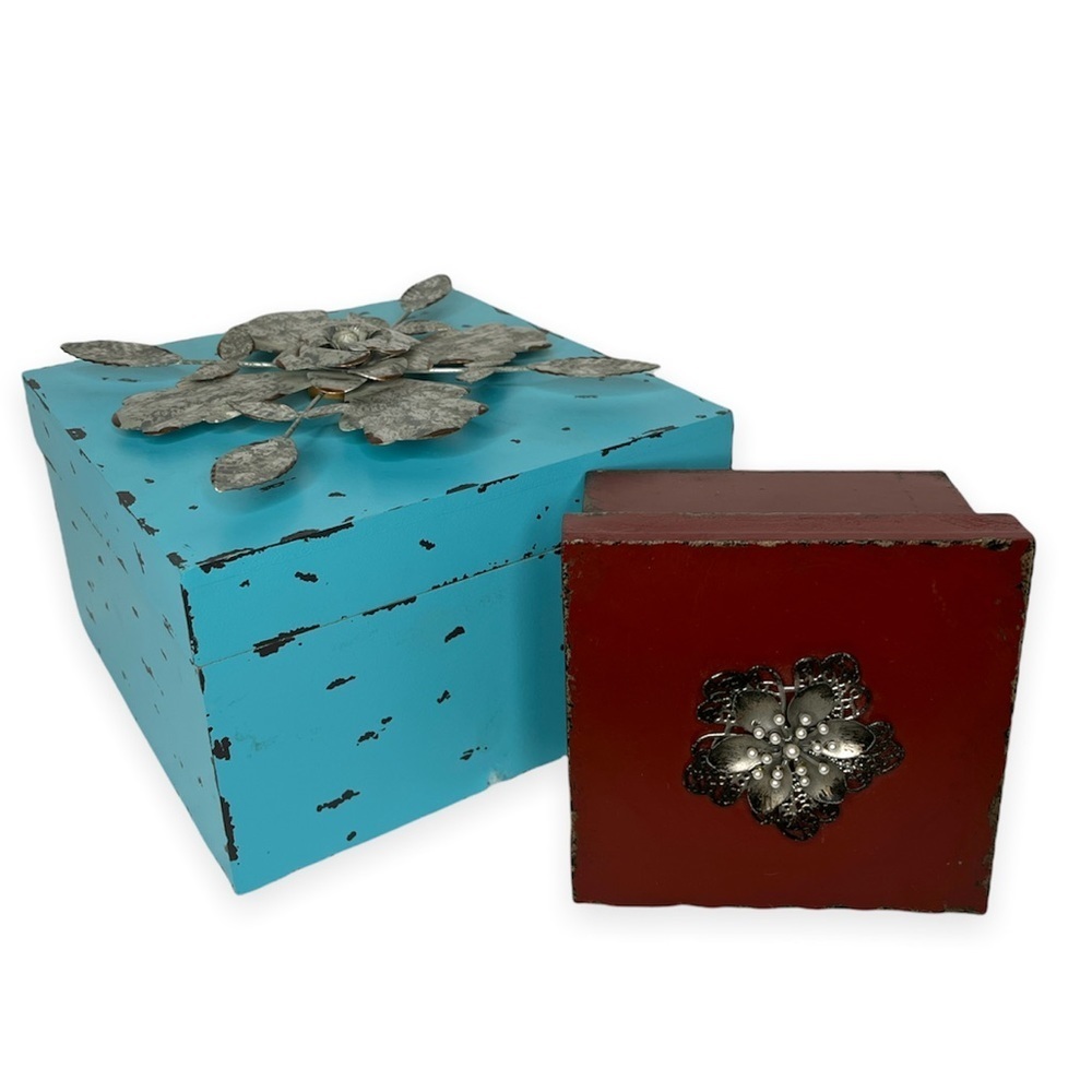 Weathered Decorative Boxes Teal Red Embellished Shabby Chic Rustic Lot of Two‎